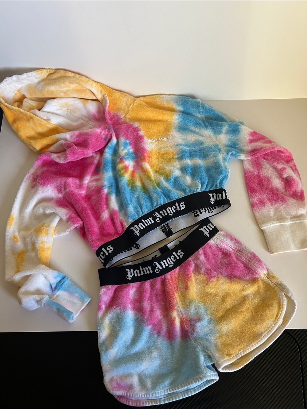 Palm Angels Kids Tie-Dye Hoodie and Shorts Set - Pink, Blue, Yellow